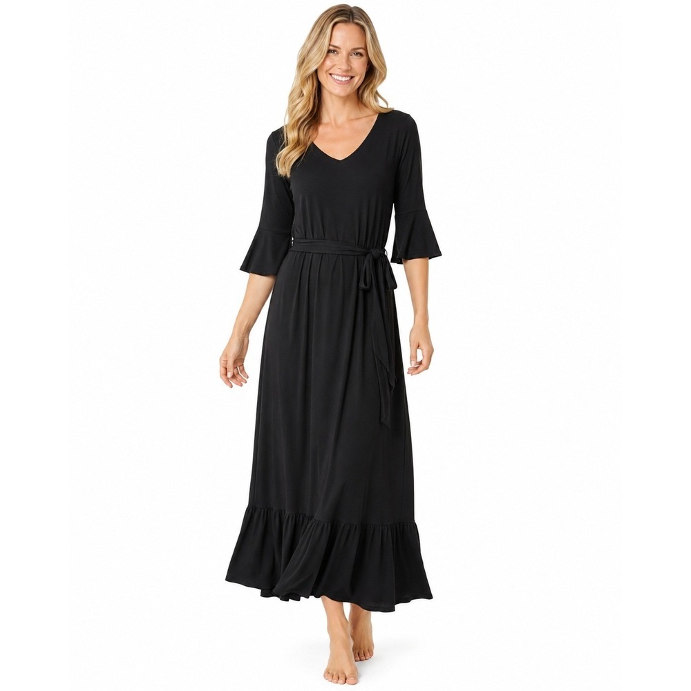 Soft Surroundings Dress Womens‎ XS Black Maxi Ruffle V Neck Belt Pockets NWT